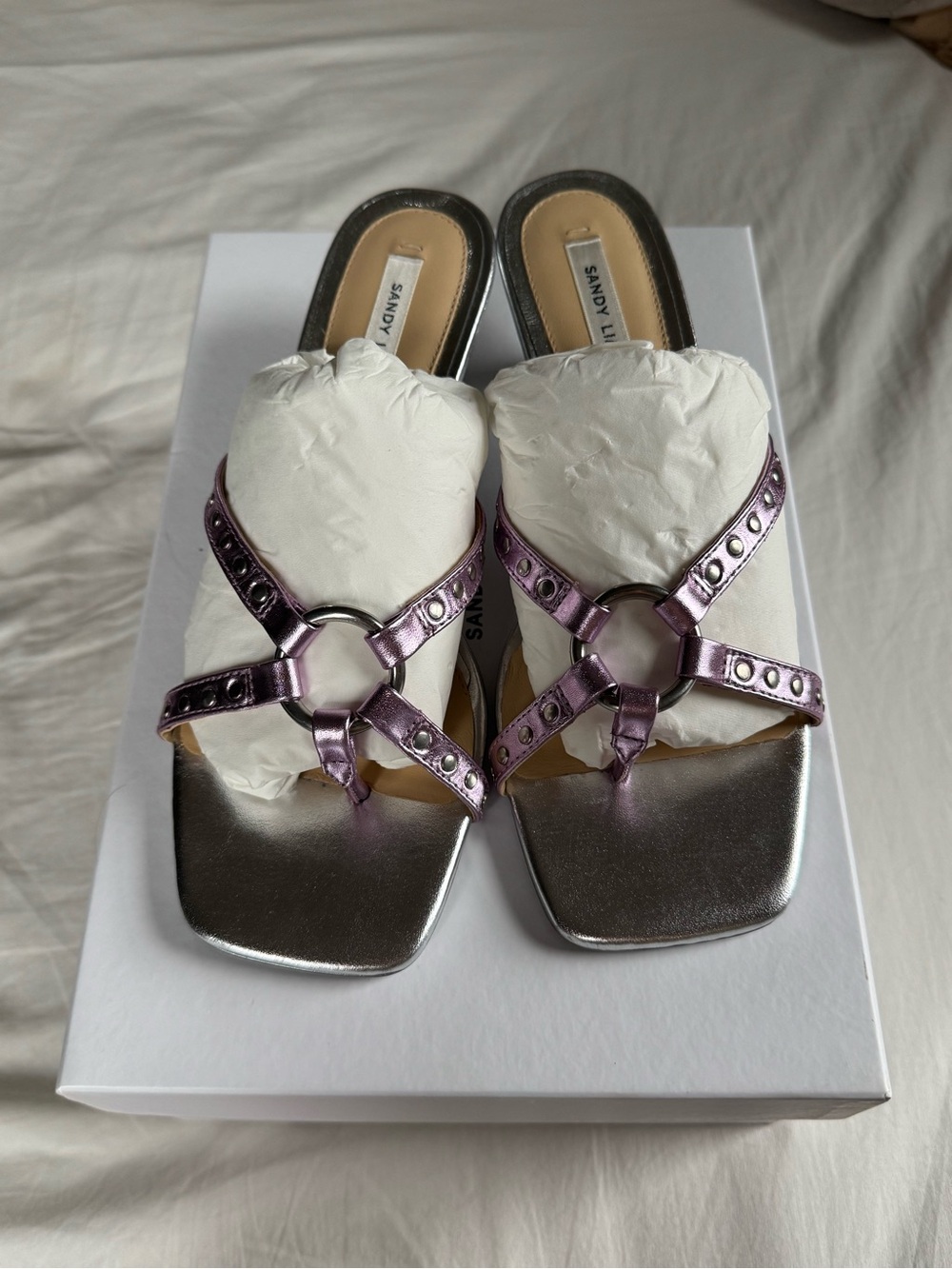 Sandy Liang Silver Metallic Slides with Lavender Ring-Strap Detail